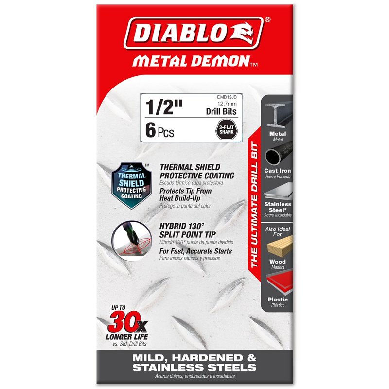 Diablo Metal Demon DMD12JP1 Drill Bit, 1/2 in Dia, 5.9 in OAL, Three-Flat Reduced Shank
