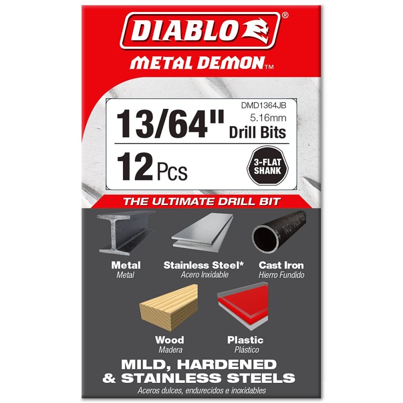 Diablo Metal Demon DMD1364JP1 Drill Bit, 13/64 in Dia, 3.4 in OAL, Three-Flat Shank