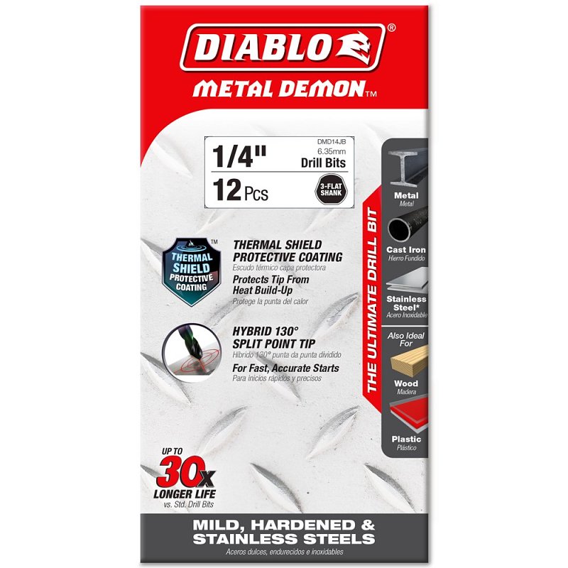 Diablo Metal Demon DMD14JP1 Drill Bit, 1/4 in Dia, 4 in OAL, Three-Flat Shank