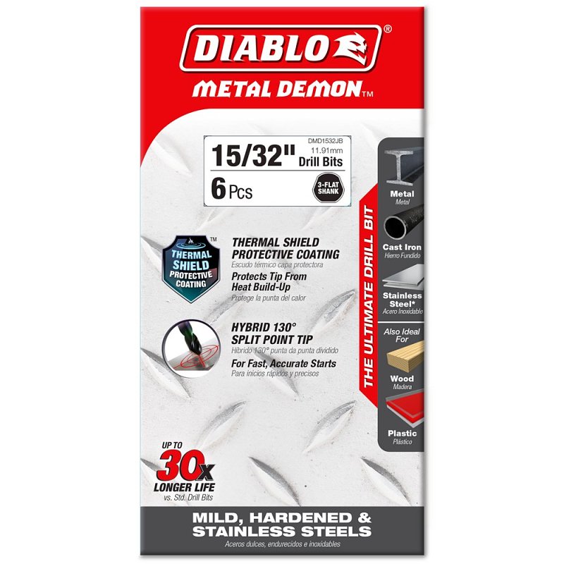 Diablo DMD1532JB Drill Bit, 15/32 in Dia, 5.9 in OAL, 3-Flat Shank