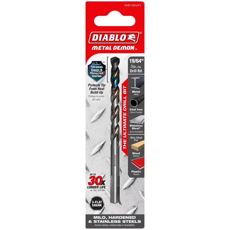 Diablo Metal Demon DMD1964JP1 Drill Bit, 19/64 in Dia, 4.6 in OAL, Three-Flat Shank