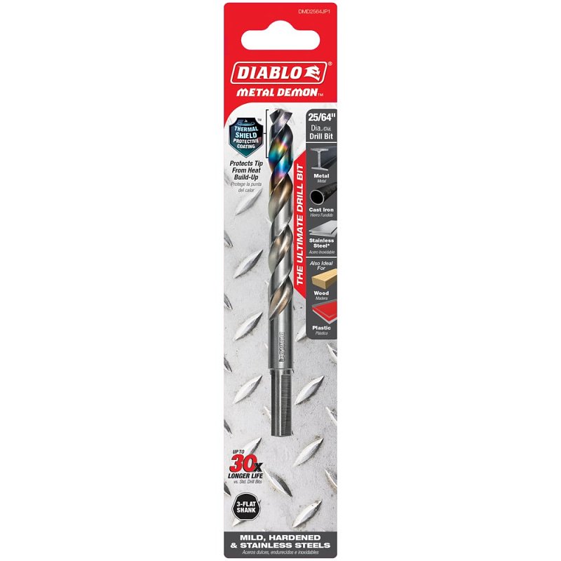 Diablo Metal Demon DMD2564JP1 Drill Bit, 25/64 in Dia, 5.2 in OAL, Three-Flat Shank
