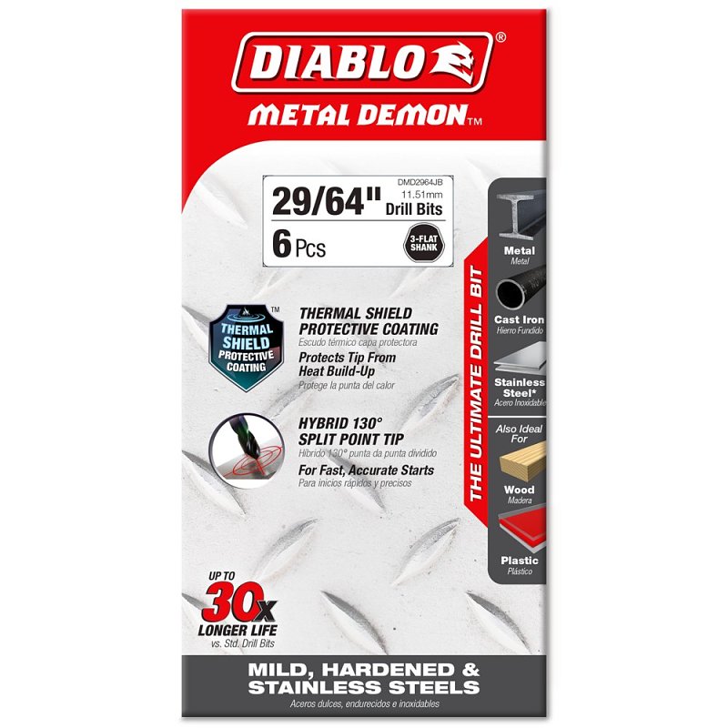 Diablo Metal Demon DMD2964JP1 Drill Bit, 29/64 in Dia, 5.6 in OAL, Three-Flat Reduced Shank