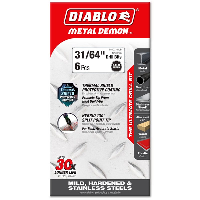 Diablo Metal Demon DMD3164JP1 Drill Bit, 31/64 in Dia, 5.9 in OAL, Three-Flat Reduced Shank