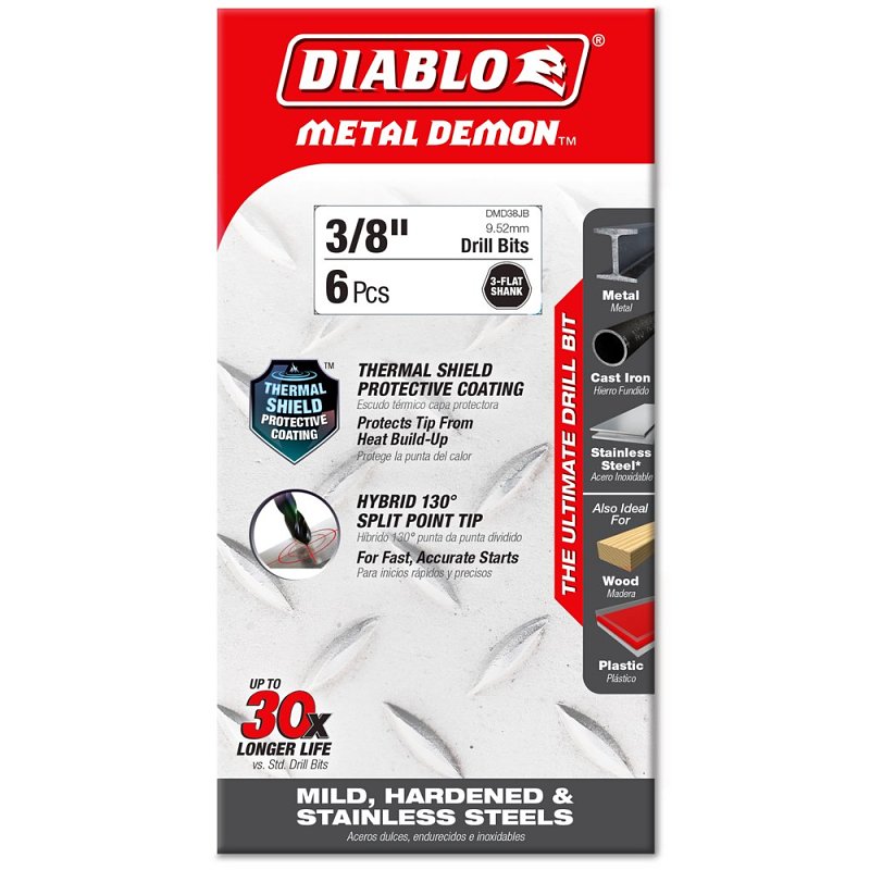 Diablo Metal Demon DMD38JP1 Drill Bit, 3/8 in Dia, 5.2 in OAL, Three-Flat Shank