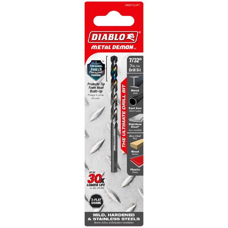Diablo Metal Demon DMD732JP1 Drill Bit, 7/32 in Dia, 3.7 in OAL, Three-Flat Shank