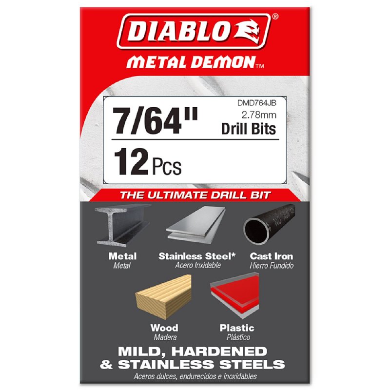 Diablo DMD764JB Drill Bit, 7/64 in Dia, 2.4 in OAL, 3-Flat Shank