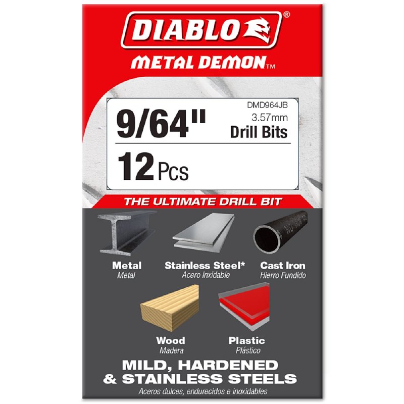 Diablo DMD964JB Drill Bit, 9/64 in Dia, 2.8 in OAL, 3-Flat Shank