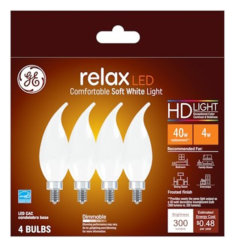 GE Industrial Solutions 36985 LED Bulb, Decorative, 300 Lumens, 4 W, CAC Lamp, E12 Lamp Base, Dimmable, Clear
