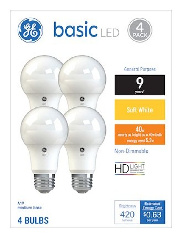 GE Industrial Solutions 36990 LED Bulb, General Purpose, 380 Lumens, 5.5 W, A19 Lamp, 40 W Equivalent, E26 Lamp Base