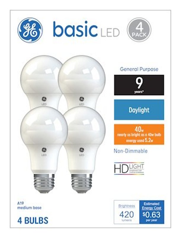 GE Industrial Solutions 36992 LED Bulb, General Purpose, 400 Lumens, 5.5 W, A19 Lamp, 40 W Equivalent, E26 Lamp Base