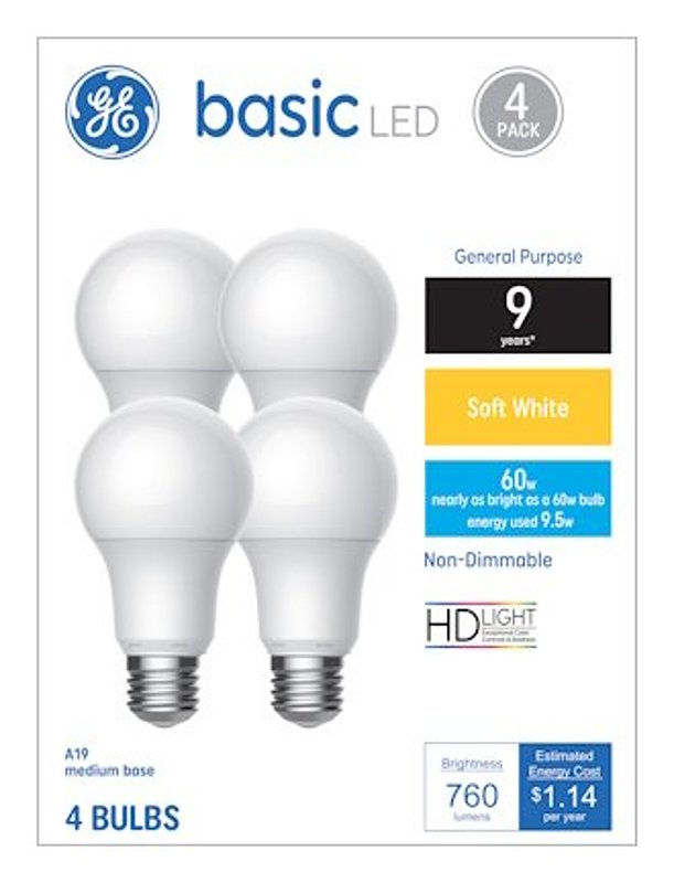 GE Industrial Solutions 36993 LED Bulb, General Purpose, 750 Lumens, 10 W, A19 Lamp, 60 W Equivalent, E26 Lamp Base