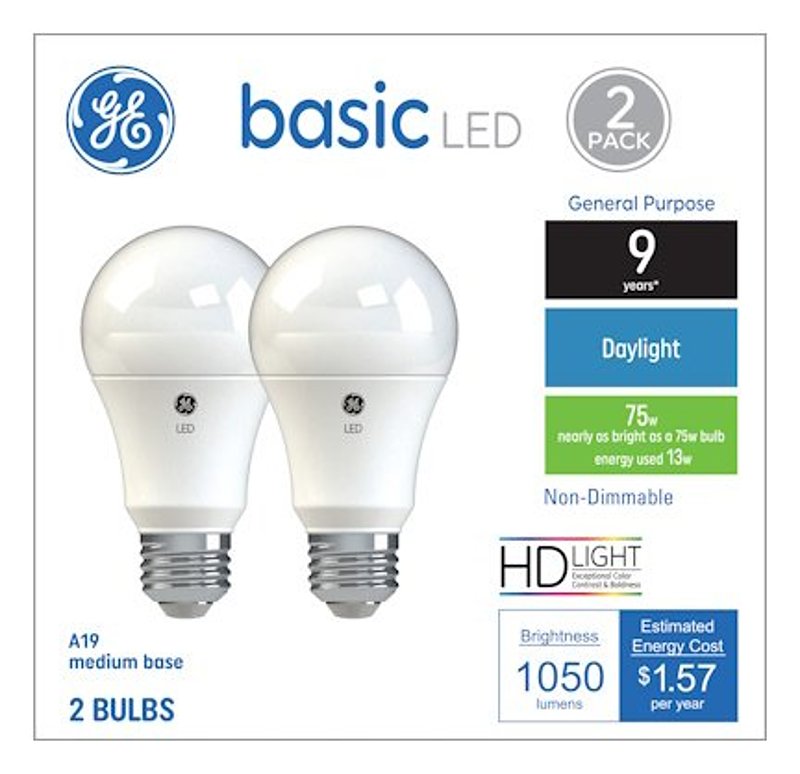 GE Industrial Solutions 37019 LED Bulb, General Purpose, 1050 Lumens, 13 W, A19 Lamp, E26 Lamp Base, Daylight