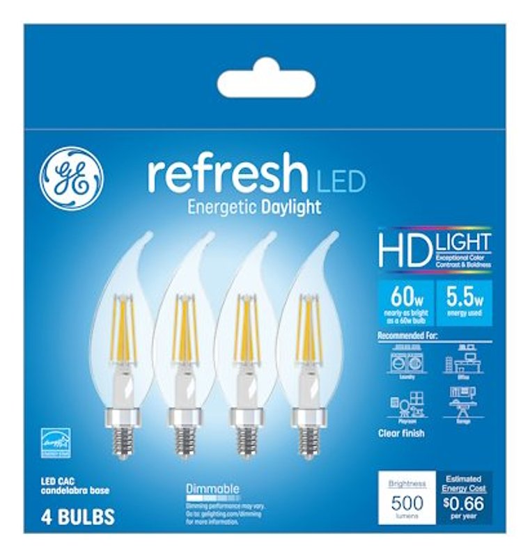 GE Industrial Solutions 43245 LED Bulb, Decorative, 500 Lumens, 5.5 W, CAC Lamp, E12 Lamp Base, Dimmable, Clear