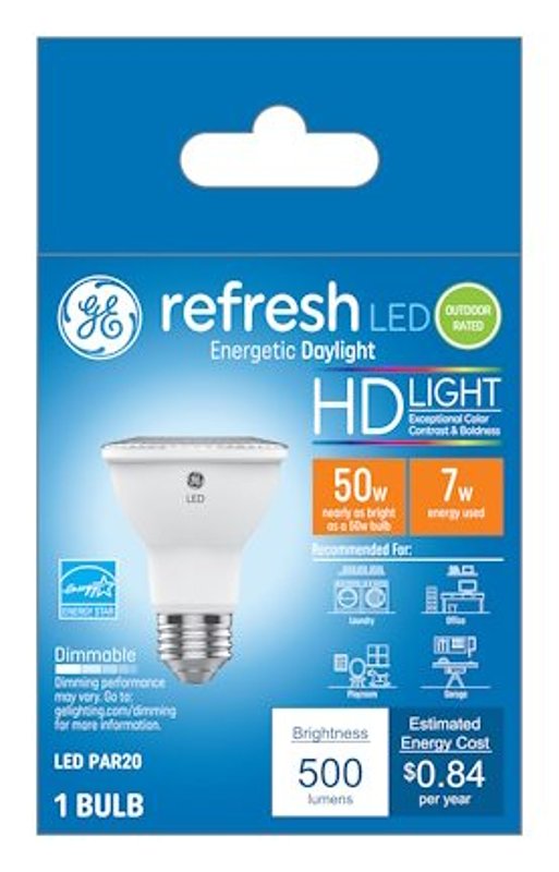 GE Industrial Solutions 45499 LED Bulb, 120 V, 500 Lumens, 7 W, PAR20 Lamp, 50 W Equivalent, E26 Lamp Base
