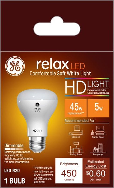 GE 45545 LED Bulb, Flood/Spotlight, R20 Lamp, 45 W Equivalent, E26 Lamp Base, Dimmable, White, Soft White Light