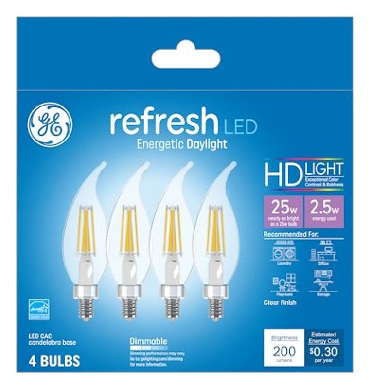 GE Industrial Solutions 45567 LED Bulb, Decorative, 200 Lumens, 2.5 W, CAC Lamp, E12 Lamp Base, Dimmable, Clear