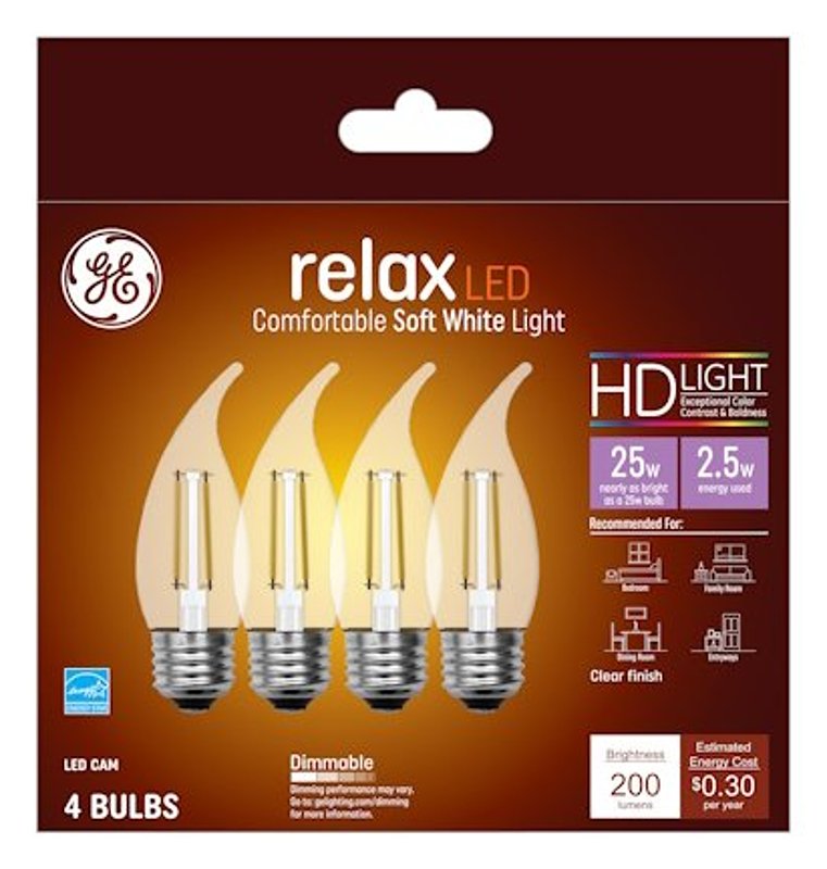 GE Industrial Solutions 45576 LED Bulb, Decorative, 200 Lumens, 2.5 W, CAM Lamp, E26 Lamp Base, Dimmable, Clear