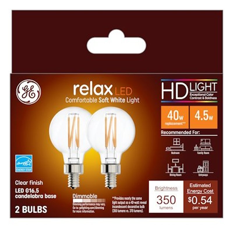 GE Industrial Solutions 45695 LED Bulb, Globe, 350 Lumens, 4.5 W, G16.5 Lamp, E12 Lamp Base, Dimmable, Soft White