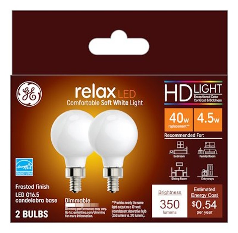 GE Industrial Solutions 45711 LED Bulb, 120 V, 350 Lumens, 4.5 W, G16.5 Lamp, E12 Lamp Base, Dimmable, Soft White