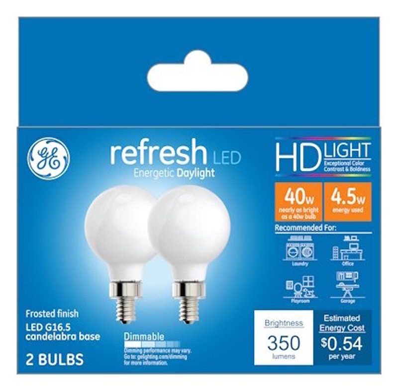 GE Industrial Solutions 45715 LED Bulb, 120 V, 350 Lumens, 4.5 W, G16.5 Lamp, E12 Lamp Base, Dimmable, Daylight