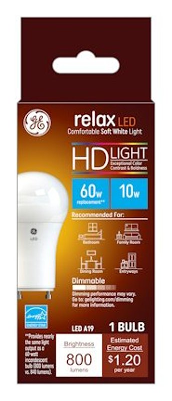 GE Industrial Solutions 46183 LED Bulb, General Purpose, 800 Lumens, 10.5 W, A19 Lamp, GU24 Lamp Base, Dimmable