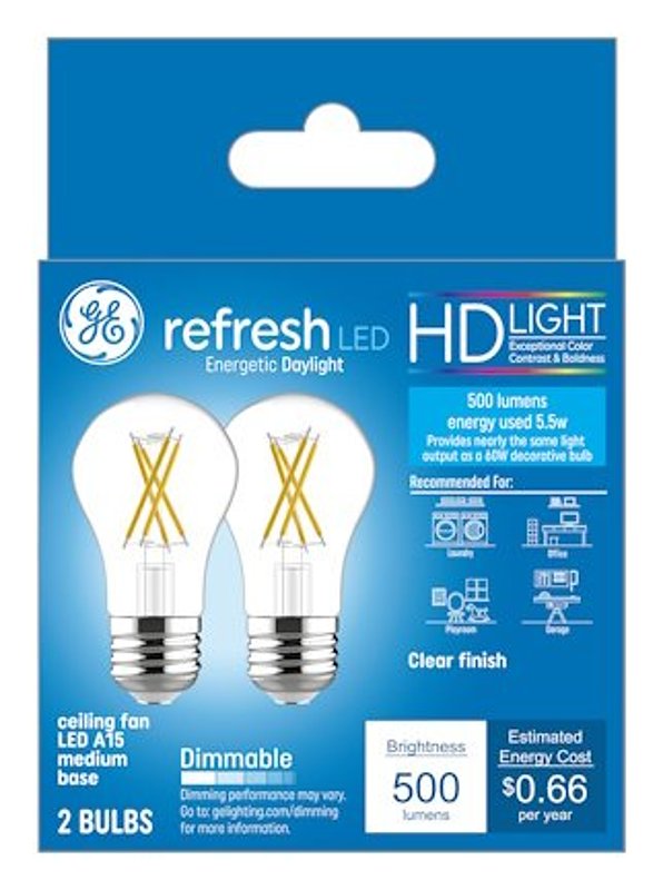 GE Refresh Series 46661 Ceiling Fan Light Bulb, High-Definition, A15 Lamp, 60 W Equivalent, Medium Lamp Base, Yes, Clear