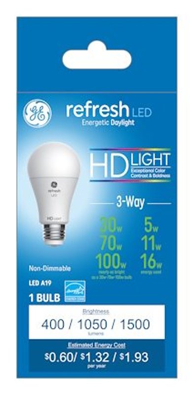 GE 93127691 Bulb, A19 Lamp, 30, 70, 100 W Equivalent, Medium E26/24 Lamp Base, No, Soft White, 5000 K Color Temp