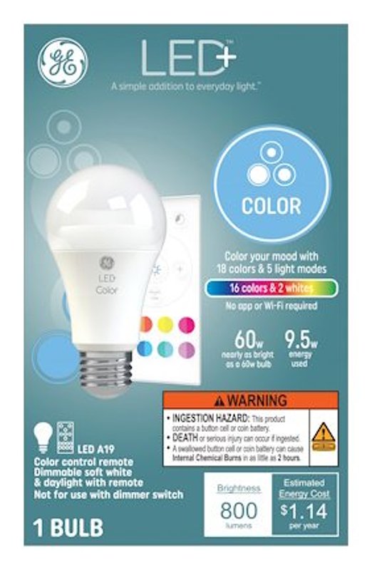GE 93128968 LED Bulb, A21 Lamp, 60 W Equivalent, E26 Medium Lamp Base, Dimmable, Frosted, Daylight/RGB/Soft Light