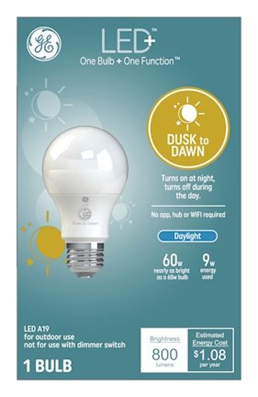 GE 93128969 Dusk to Dawn LED Bulb, A19 Lamp, 60 W Equivalent, E24/E26 Medium Lamp Base, DayLight