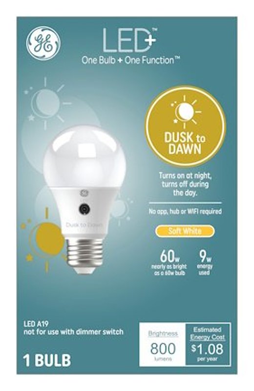 GE 93128970 Dusk-To-Dawn LED Bulb, A19 Lamp, 60 W Equivalent, E26/24 Medium Lamp Base, Non-Dimmable, Soft White Light