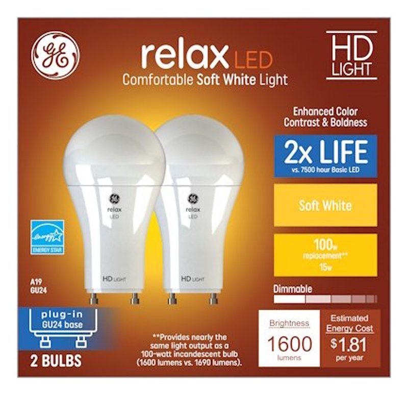 GE 93129020 LED Bulb, A19 Lamp, 100 W Equivalent, GU24 Lamp Base, Dimmable, Soft White Light, 2700 K Color Temp