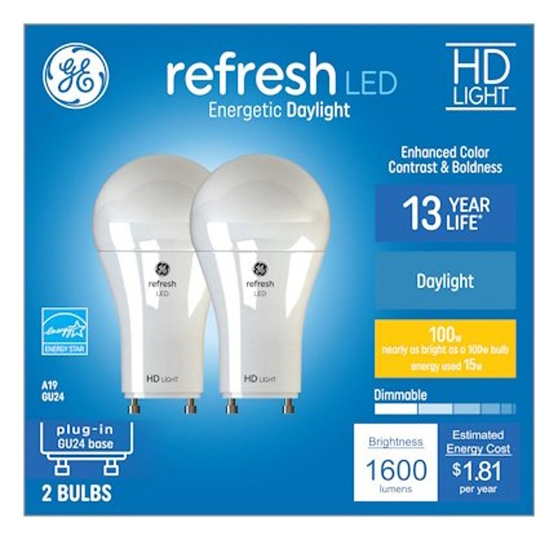 GE 93129021 LED Bulb, A19 Lamp, 100 W Equivalent, GU24 Lamp Base, Dimmable, DayLight, 5000 K Color Temp