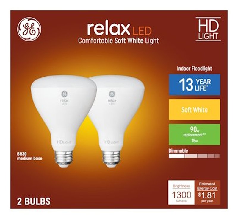 GE 93129076 Reflector LED Bulb, BR30 Lamp, 90 W Equivalent, E26/24 Medium Lamp Base, Dimmable, Soft White Light