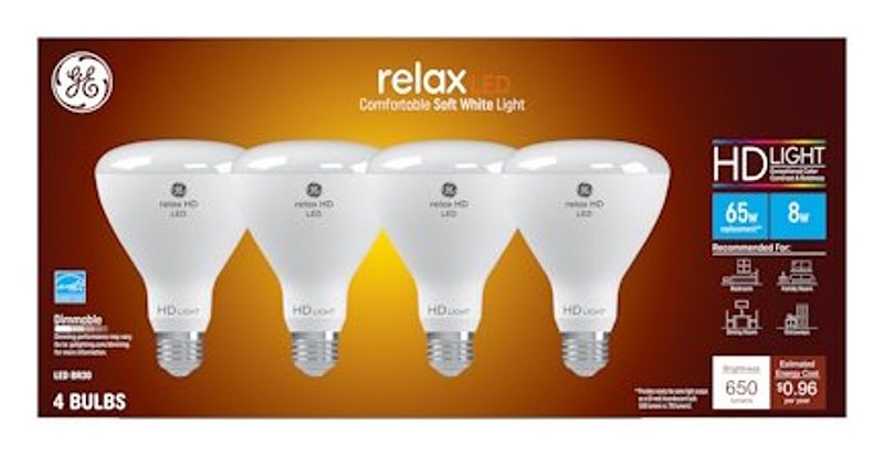 GE Relax Series 93129973 Light Bulb, High-Definition, BR30 Lamp, 65 W Equivalent, E26 Medium Lamp Base, Yes, Frosted