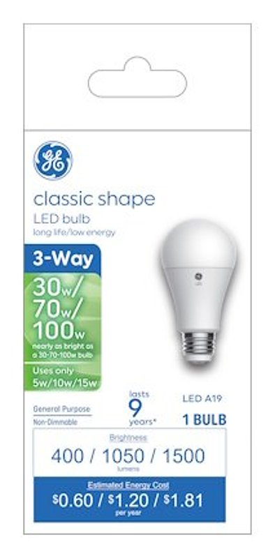 GE 93130563 LED Bulb, 3-Way, A19 Lamp, 30/70/100 W Equivalent, Medium Lamp Base, 2700 K Color Temp
