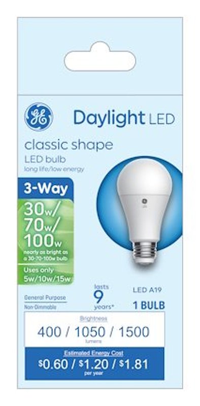 GE 93130565 LED Bulb, 3-Way, A19 Lamp, 30/70/100 W Equivalent, Medium Lamp Base, DayLight, 5000 K Color Temp