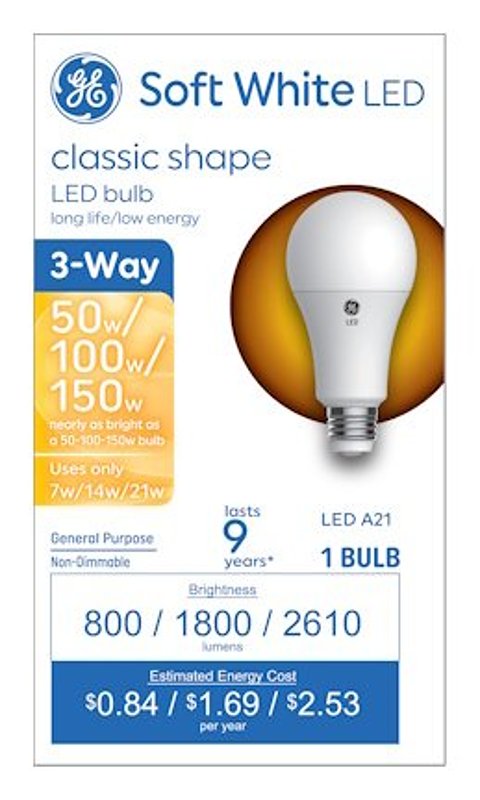 GE 93130567 LED Bulb, 3-Way, A21 Lamp, 50/100/150 W Equivalent, Medium Lamp Base, Soft White Light, 2700 K Color Temp