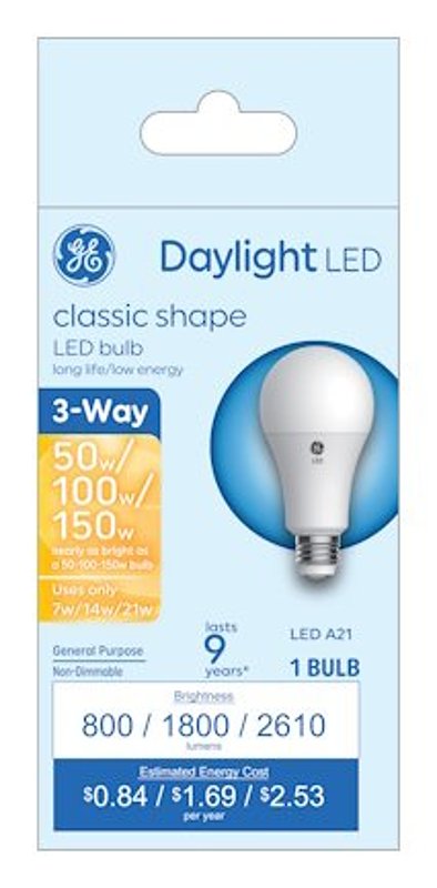 GE 93130569 LED Bulb, 3-Way, A21 Lamp, 50/100/150 W Equivalent, Medium Lamp Base, DayLight, 5000 K Color Temp