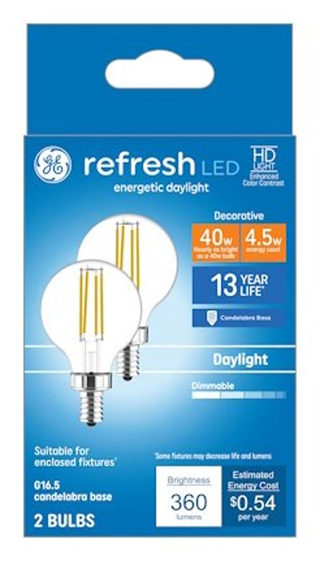 GE Refresh Series 93130892 Decorative Light Bulb, High-Definition, G16.5 Lamp, 40 W Equivalent, E12 Candelabra Lamp Base