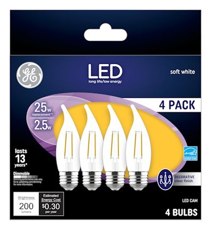 GE Industrial Solutions 10193 LED Bulb, Decorative, CA Lamp, 25 W Equivalent, E17 Lamp Base, Dimmable, Clear