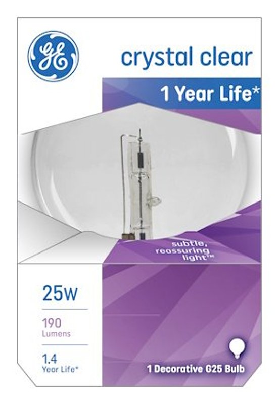 GE 12983 Light Bulb, CC-6 Filament, 3.12 in Dia x 4.5 in L Dimensions, 25 W, G25 Lamp, E26 Medium Lamp Base, 190 Lumens