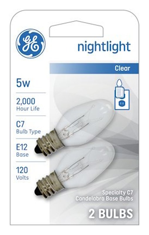 GE 27979 Night Light Bulb, 5 W, E12 Candelabra Lamp Base, C7 Lamp