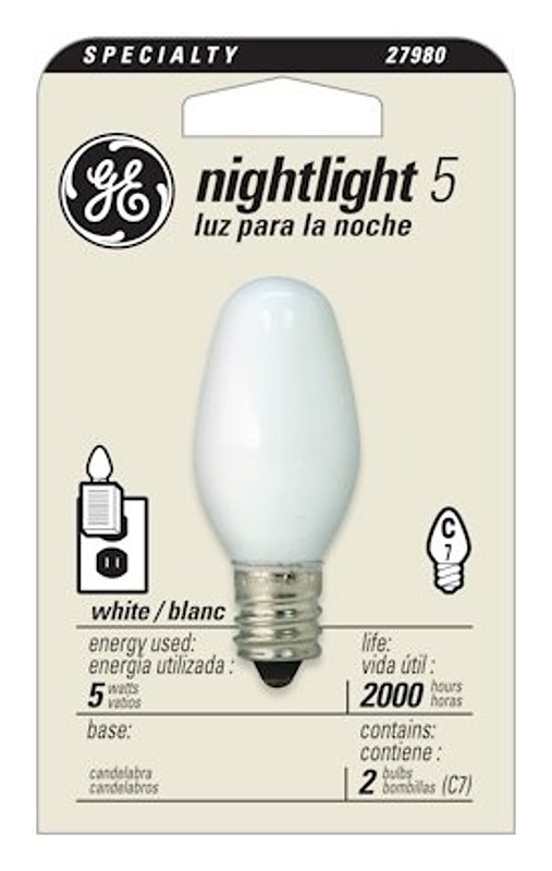 GE 27980 Night Light Bulb, 5 W, E12 Candelabra Lamp Base, C7 Lamp, White Light