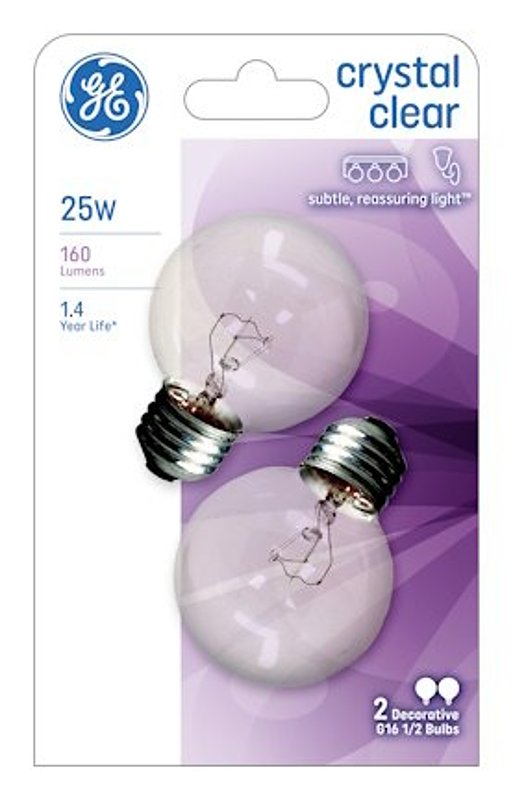 GE 31106 Incandescent Bulb, 25 W, G16.5 Lamp, E26 Medium Lamp Base, 160 Lumens, 2500 K Color Temp