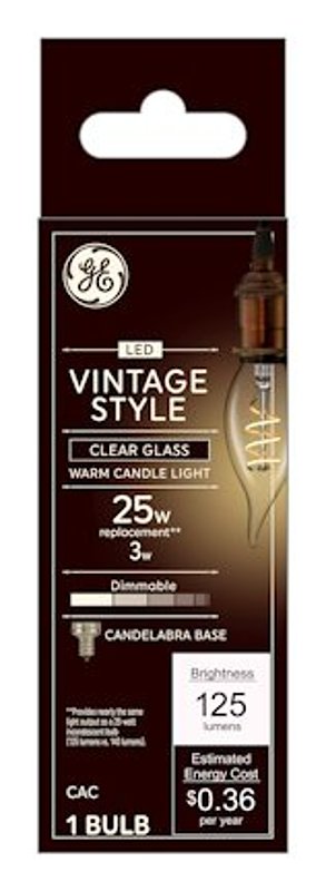 GE 36486 LED Lamp, Vintage, CAC Lamp, E12 Lamp Base, Dimmable, 2200 K Color Temp