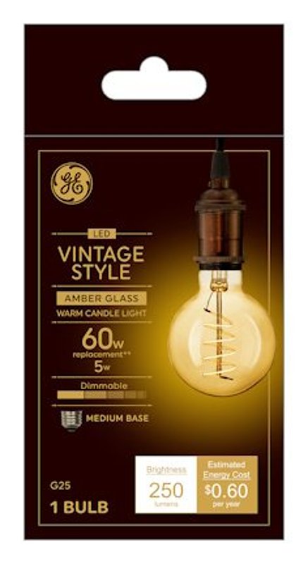GE 36528 Vintage Light Bulb, G25 Lamp, 60 W Equivalent, E26 (Medium) Lamp Base, Dimmable, Amber, Warm White Light