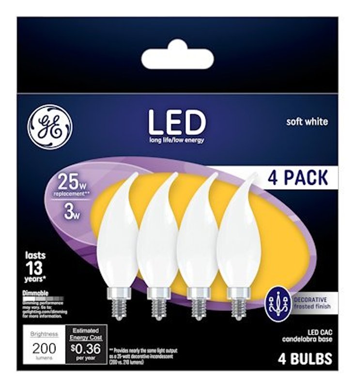 GE Industrial Solutions 37319 LED Bulb, Decorative, 200 Lumens, 3 W, CAC Lamp, E12 Lamp Base, Dimmable, Frosted