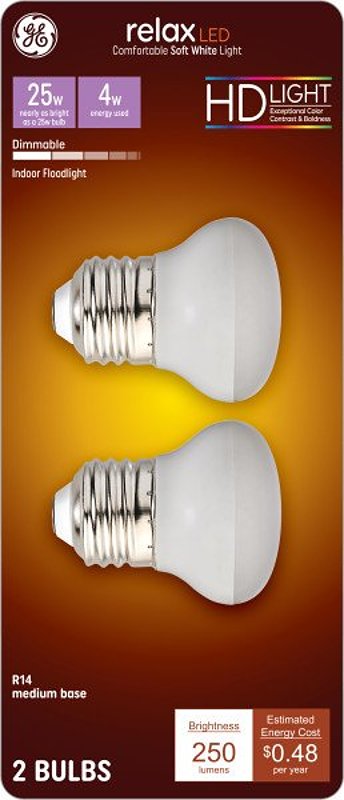 GE 46960 LED Bulb, R14 Lamp, 25 W Equivalent, Medium Lamp Base, Dimmable, 2700 K Color Temp