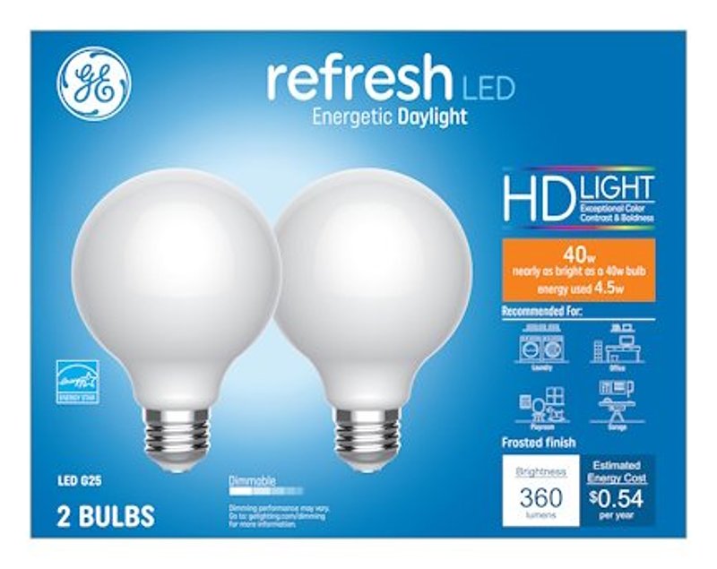 GE 47659 LED Bulb, Globe, 350 Lumens, 4.5 W, G25 Lamp, 40 W Equivalent, E26 Lamp Base, Dimmable, Daylight